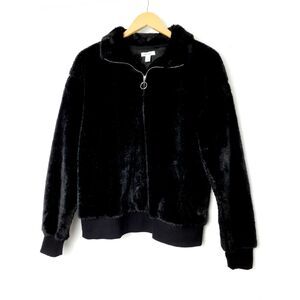 Ninewest Faux Fur Quarter Zip Womens Black Sweater Sz Medium